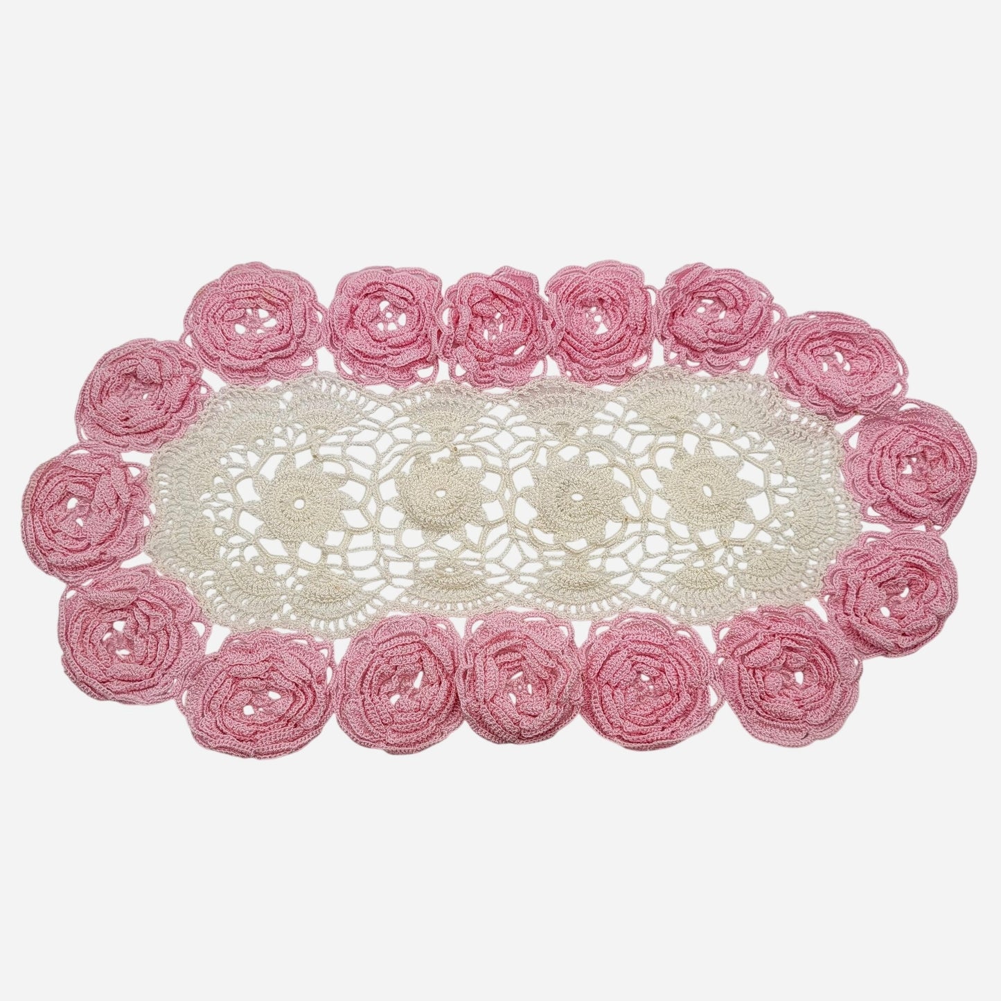 Vintage Crocheted Pink Irish Rose Rosettes Oval Doily