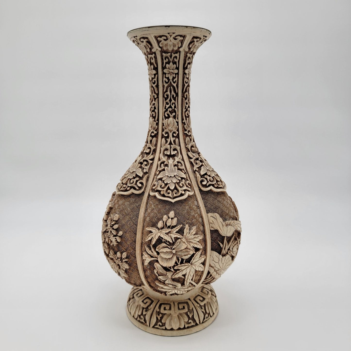 Vintage 1982 Arnart Imports Ivory Dynasty Over Brass Carved Vase