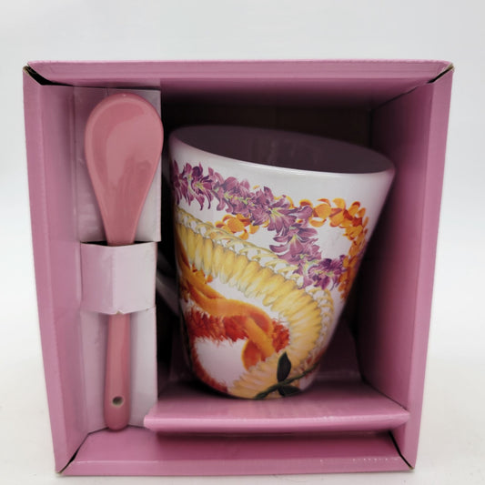 Leis of Aloha Coffee Mug & Spoon Set Hawaiian Floral Design