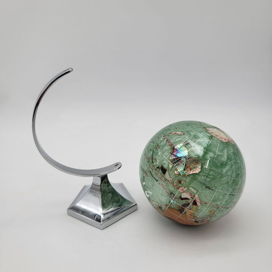Vintage Gemstone Inlay Globe With Chrome Stand - As Found