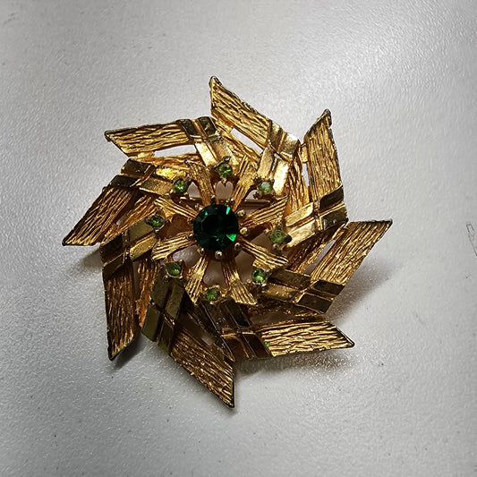 Vintage Green Rhinestone Pinwheel Brooch