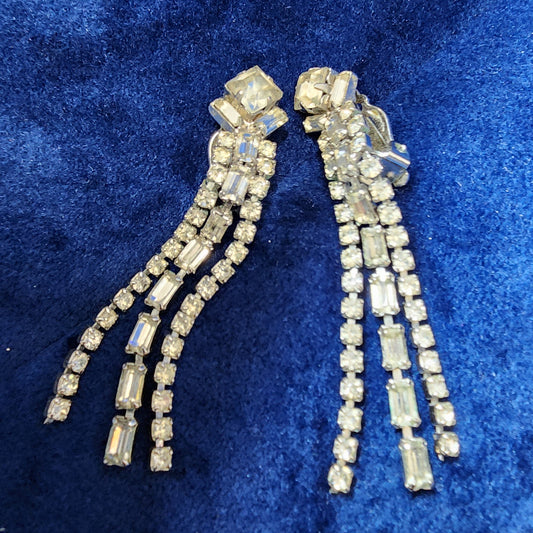 Vintage Long Rhinestone Clip on Earrings