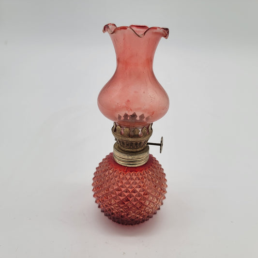 Miniature Oil Lamp Red Flashed Hobnail