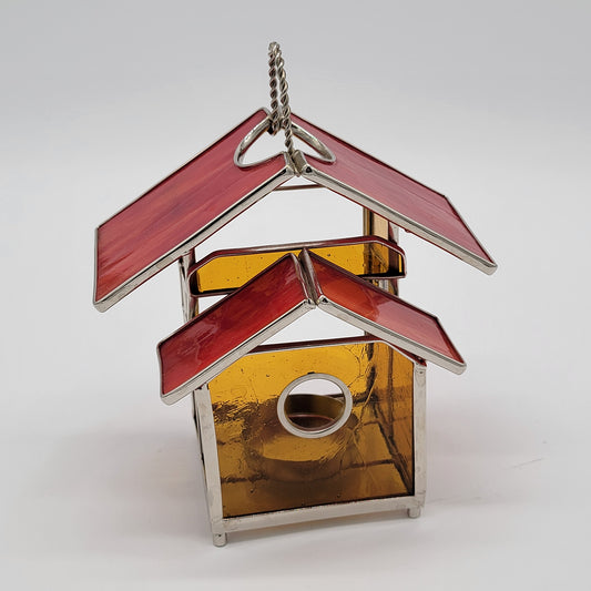 Slag and Stained Glass Bird House Candle Holder