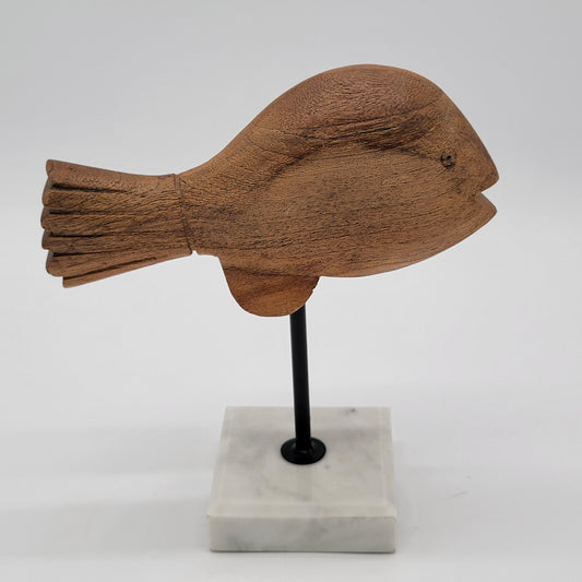 Carved Wood Fish Sculpture on Marble Base