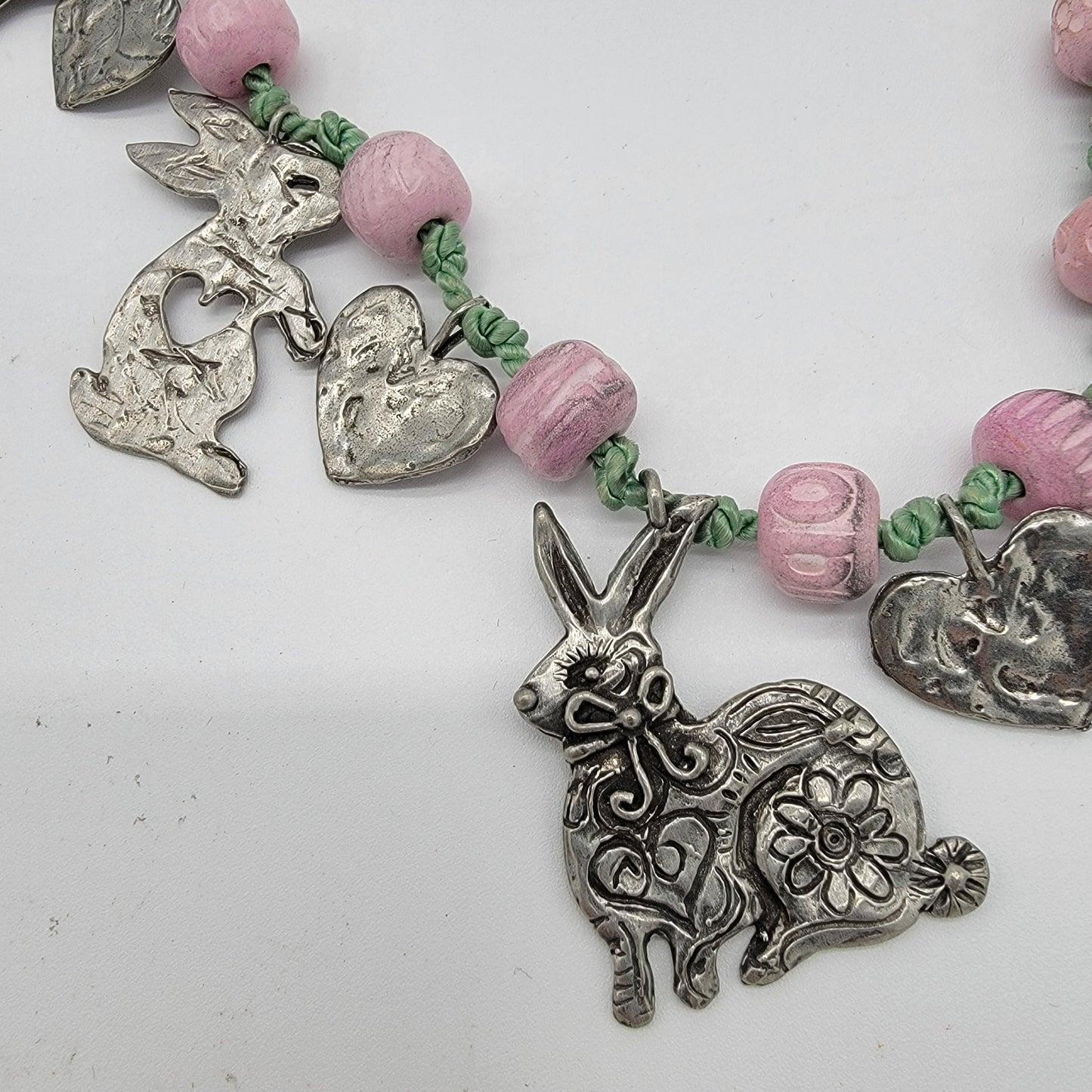 Vintage Marcie Pewter Bunny Rabbits Charm Necklace