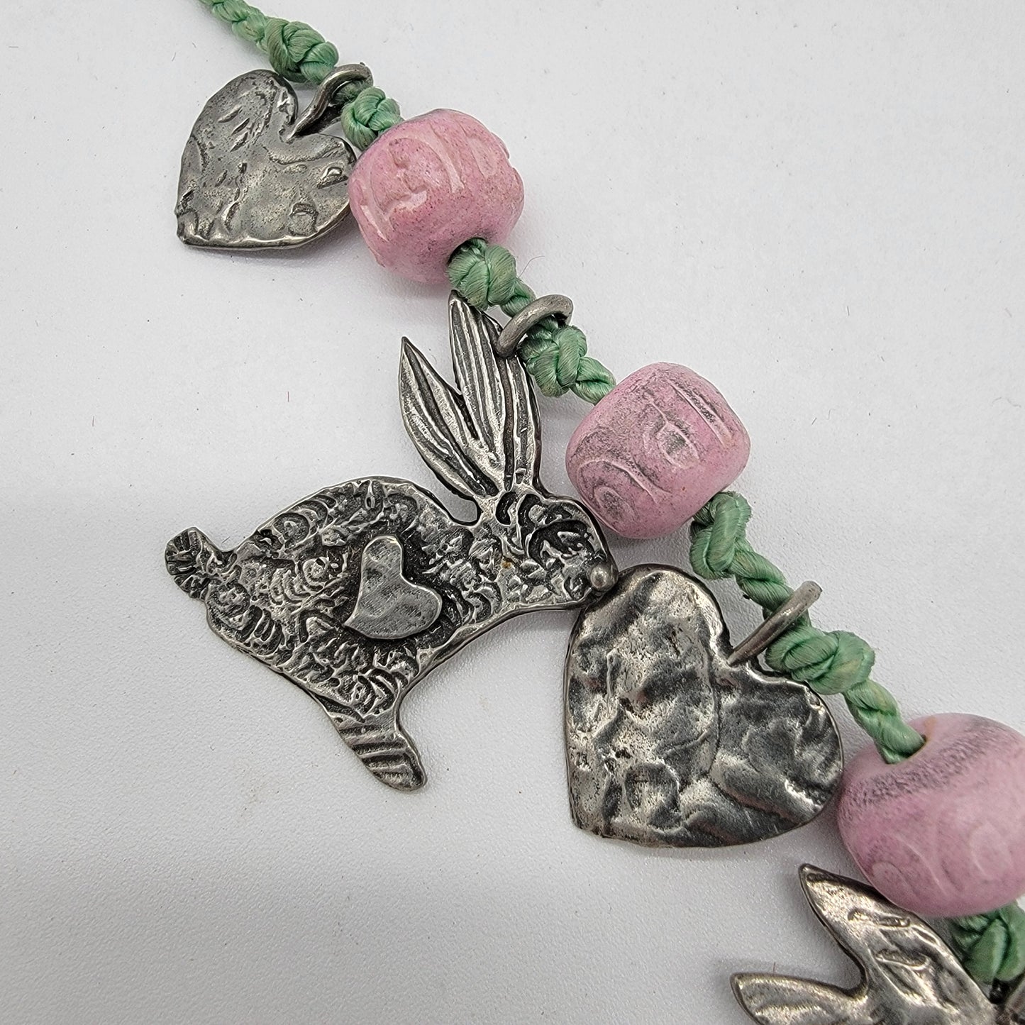 Vintage Marcie Pewter Bunny Rabbits Charm Necklace