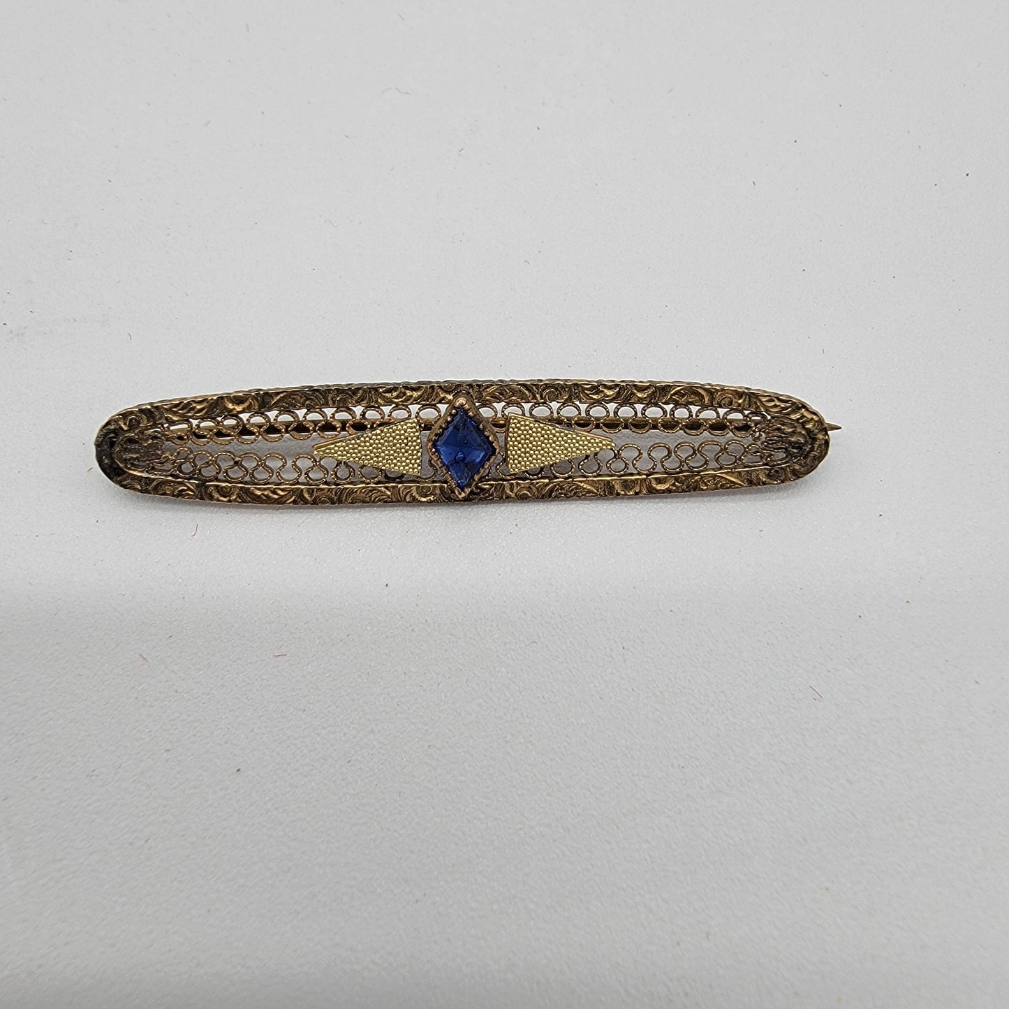 Antique Gold Bar Pin with Simulated Sapphire