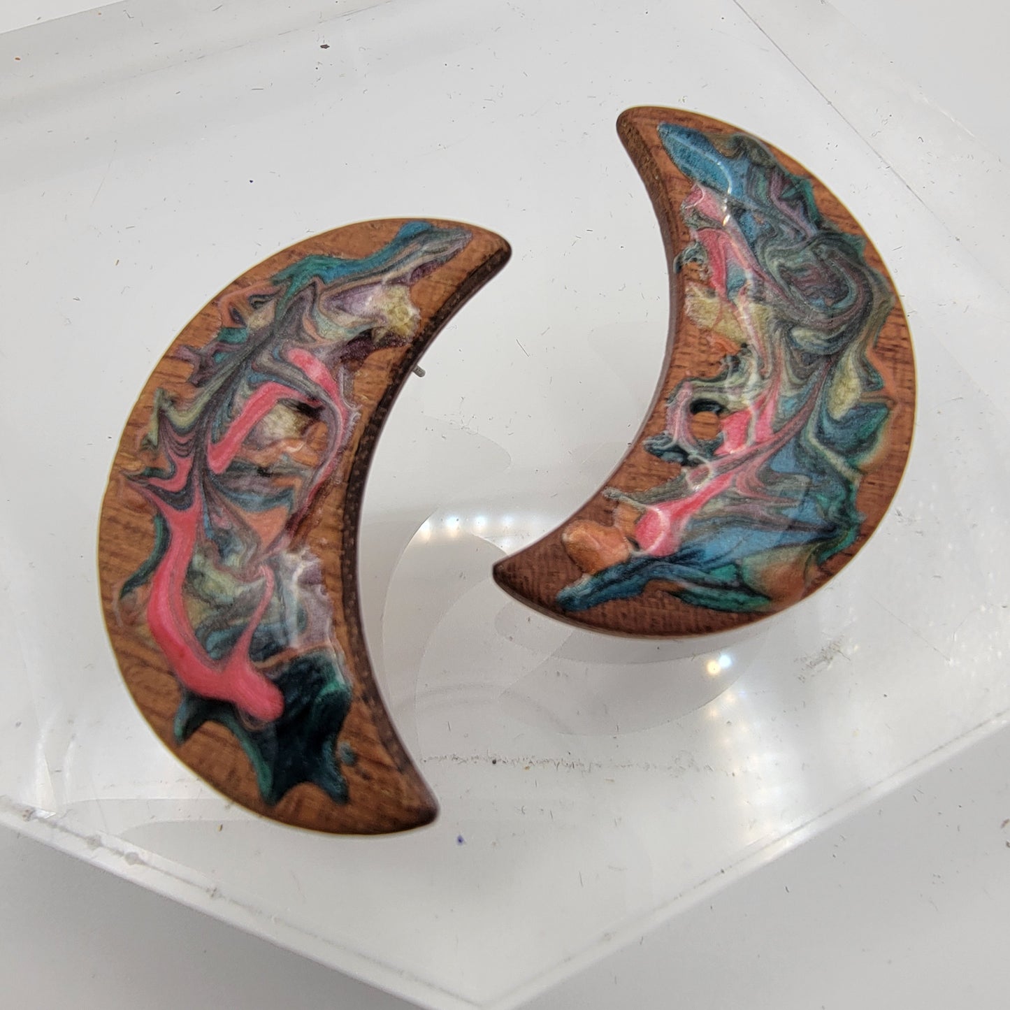 Enameled Wood Moon Earrings