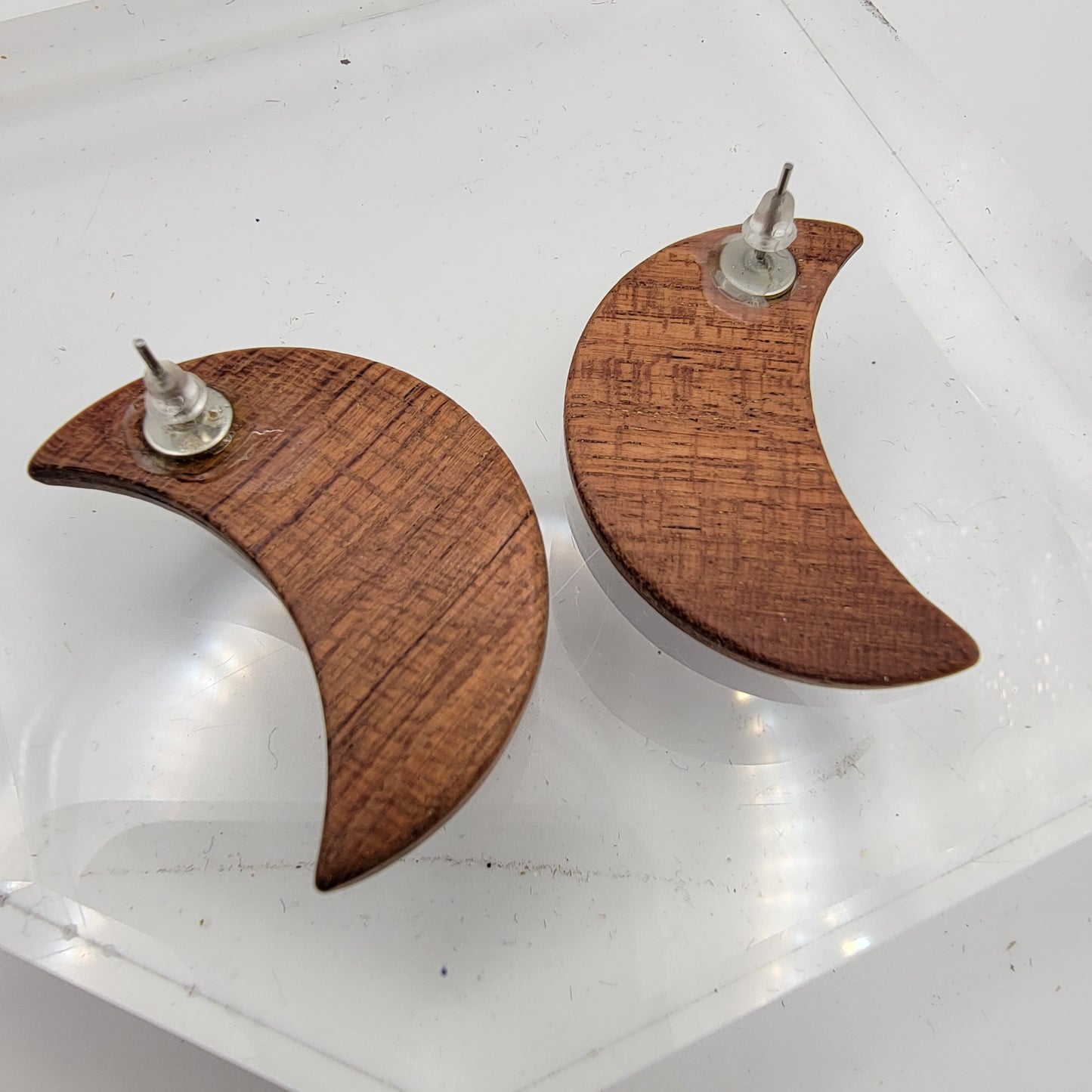 Enameled Wood Moon Earrings