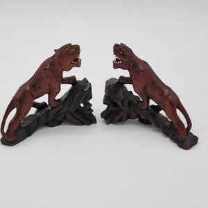 Pair of Antique Hand-Carved Rosewood Tigers with Glass Eyes