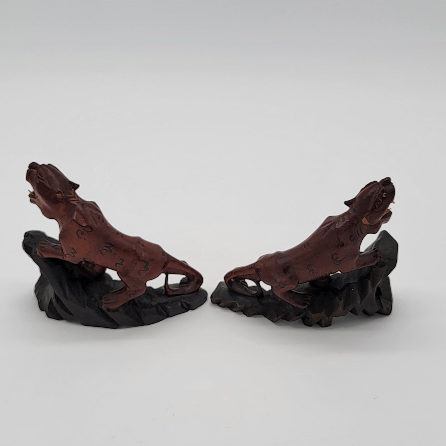 Pair of Antique Hand-Carved Rosewood Tigers with Glass Eyes