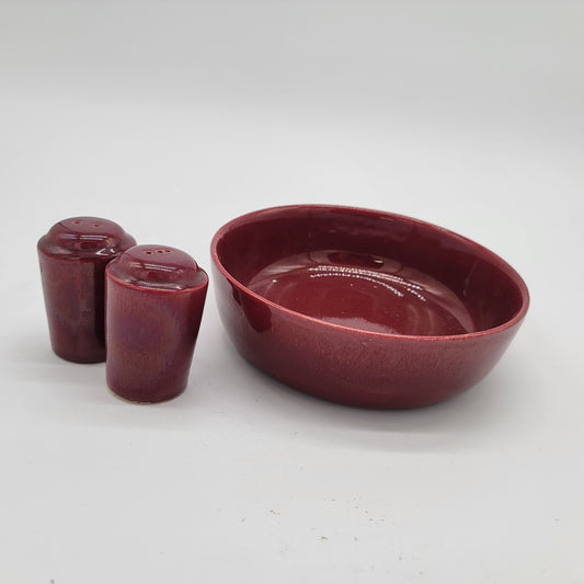 Mid Century Burgundy Art Pottery Bowl AND Shakers