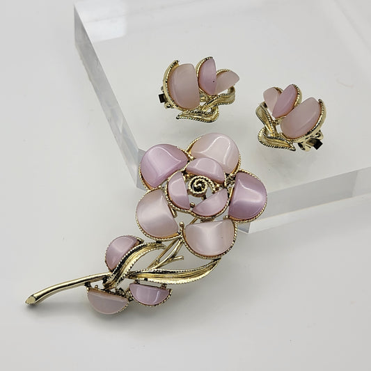 Vintage Coro Pink Rose Brooch and Clip On Earrings Set