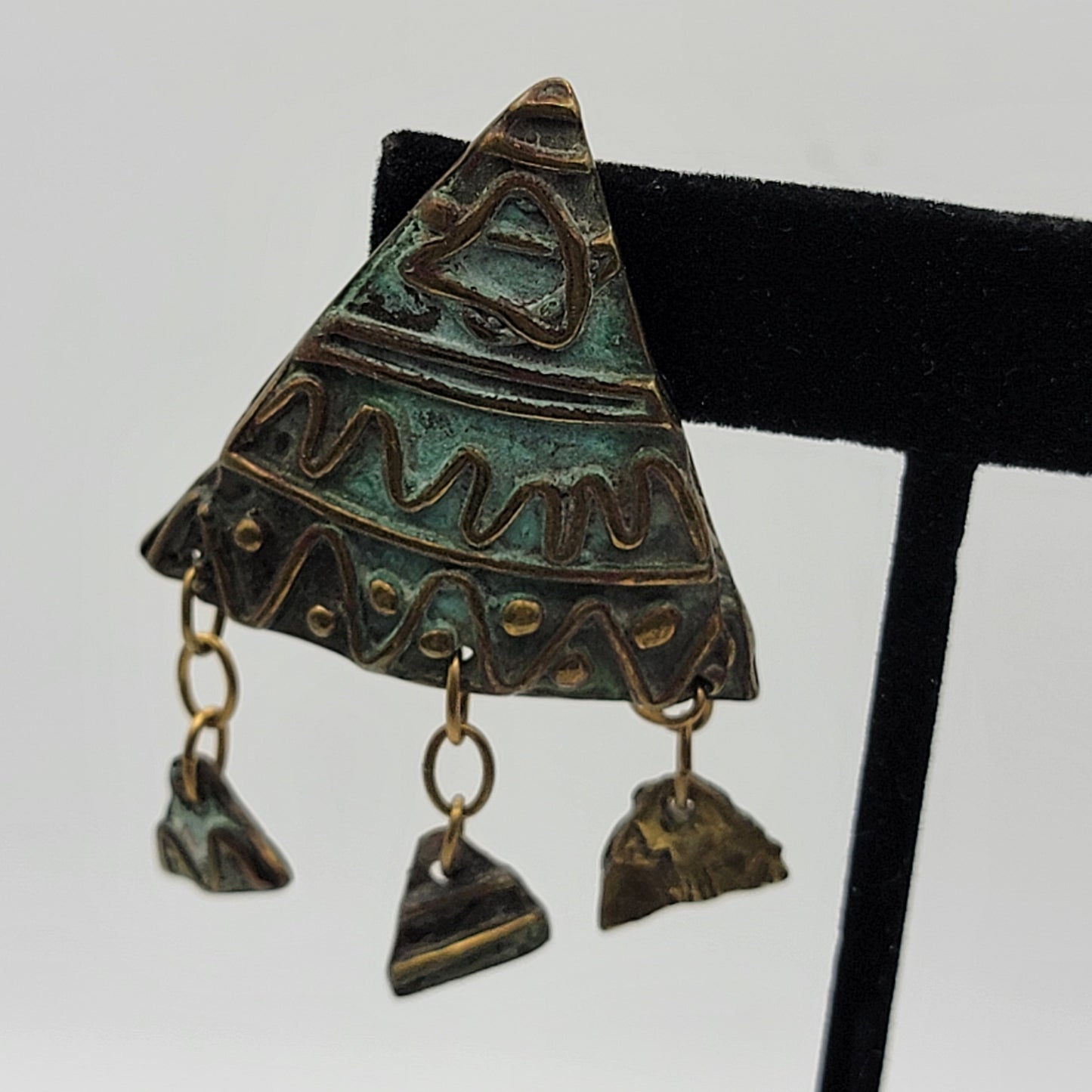 Signed Verdigris Patina Triangular Clip On Earrings