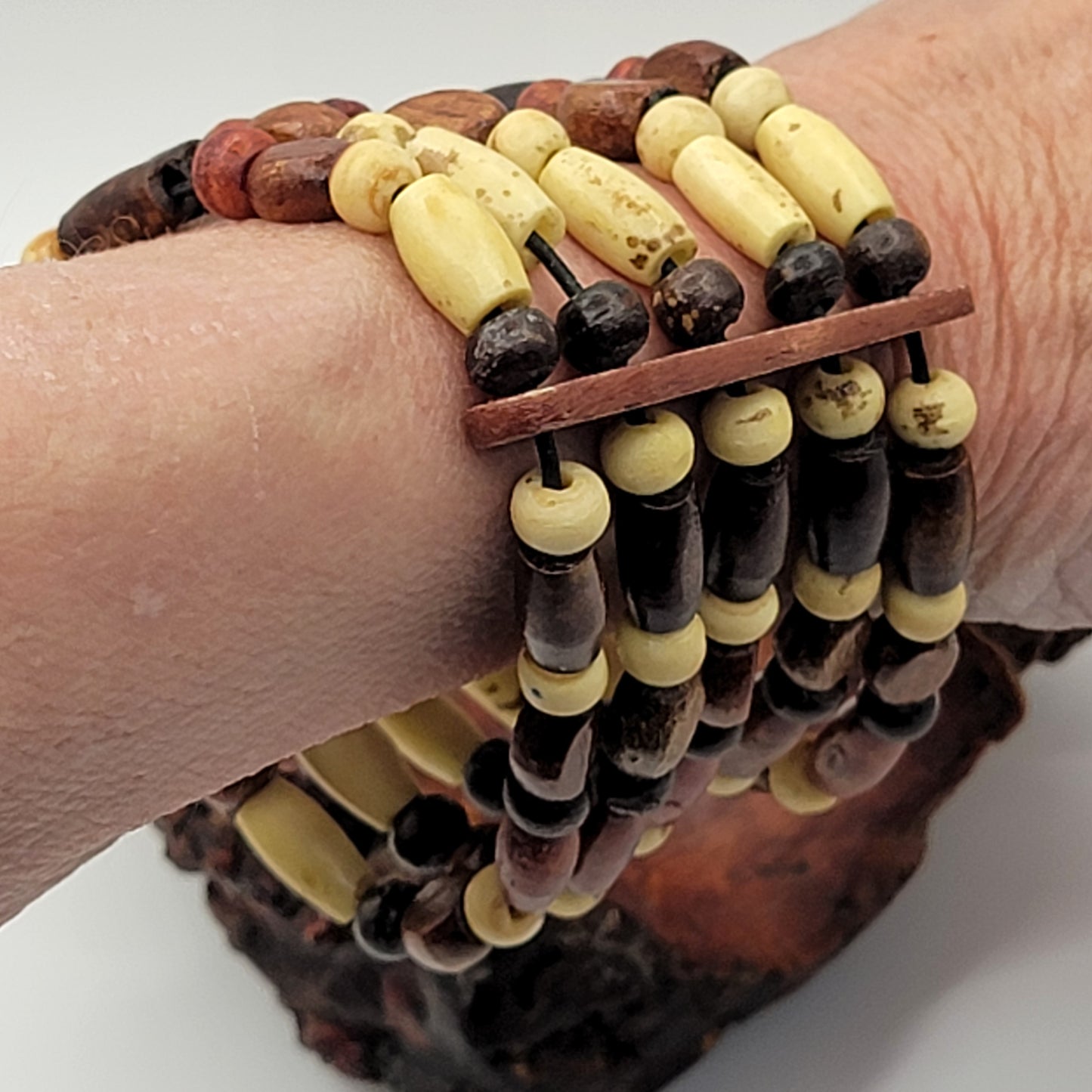 Vintage Wood Beaded Stretch Bracelet