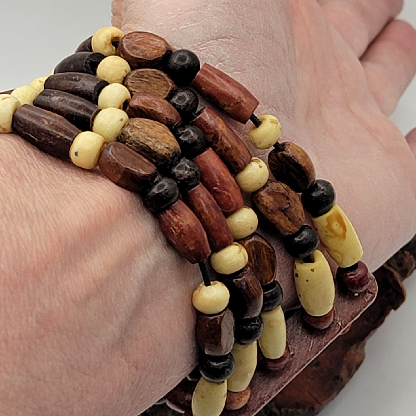 Vintage Wood Beaded Stretch Bracelet