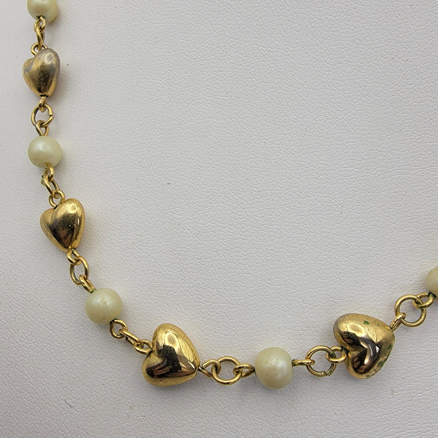 Trifari Station Chain Necklace Faux Pearl Heart