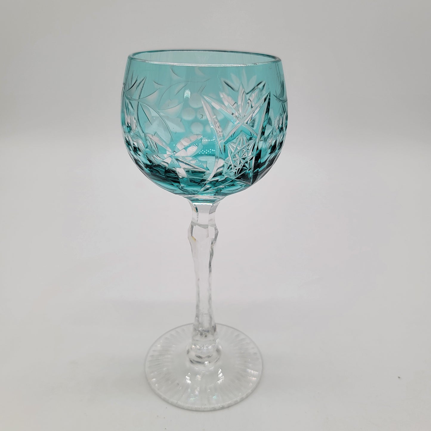 Bohemian Cut to Clear Cobalt Aqua Wine Glass