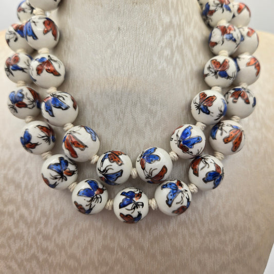 Porcelain Hand Painted Butterfly Beaded Necklace Vermeil Clasp