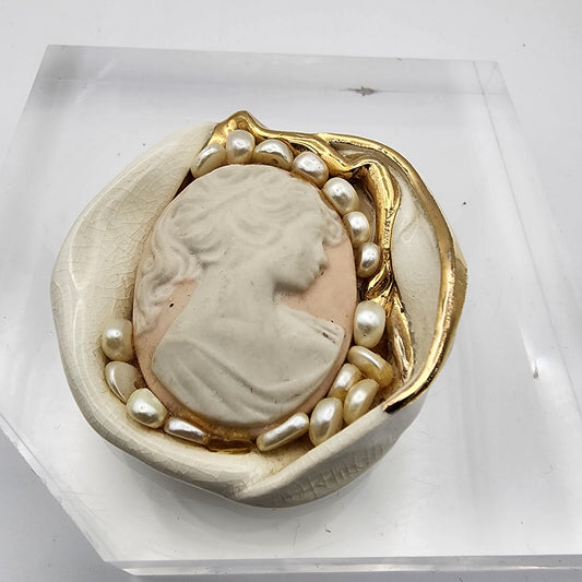 Pottery Cameo Brooch with Freshwater Pearls