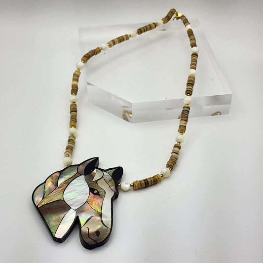 Lee Sands Beaded Horse Necklace Inlaid Mother of Pearl