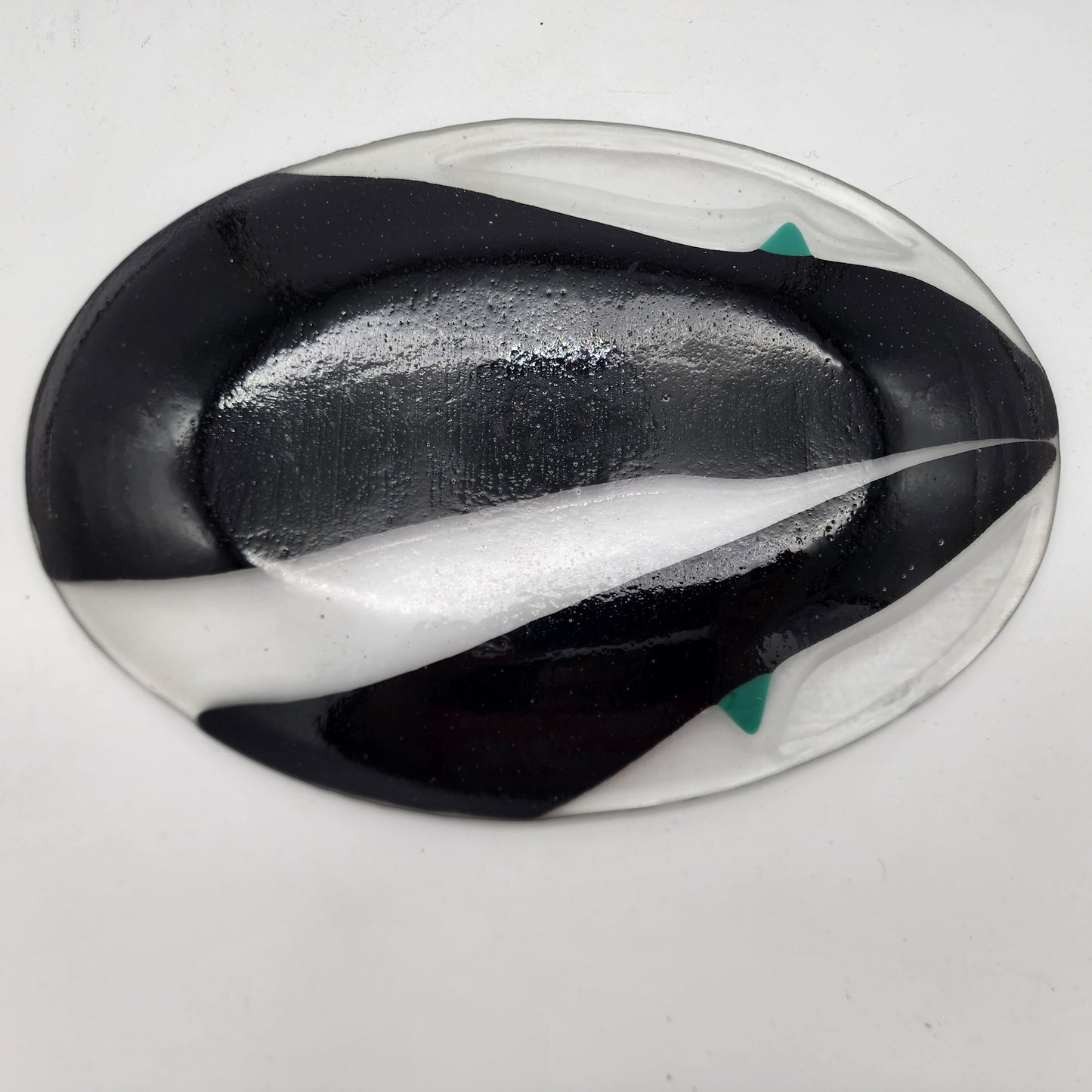 Fused Glass Oval Plate Black and White Stripes