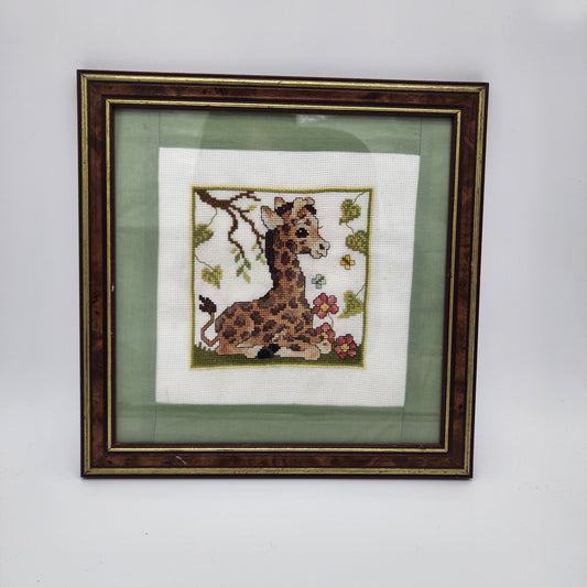 Vintage Framed Baby Giraffe CrossStitch Art