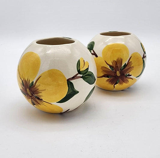 Vintage Round Pottery Planter with Yellow Flowers