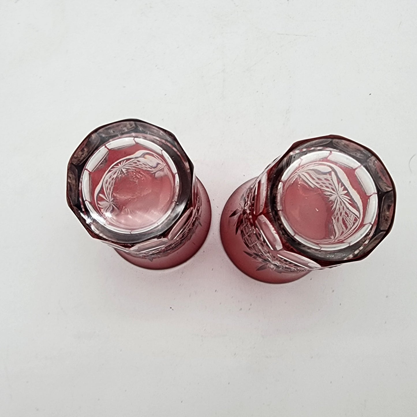 Pair of Ruby Cut to Clear Candle Holders