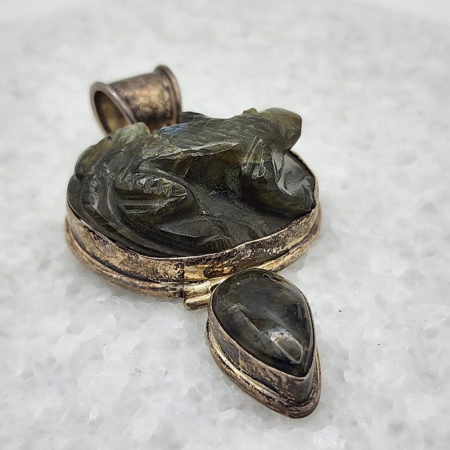 Carved Labradorite Frog Pendant 925 Sterling