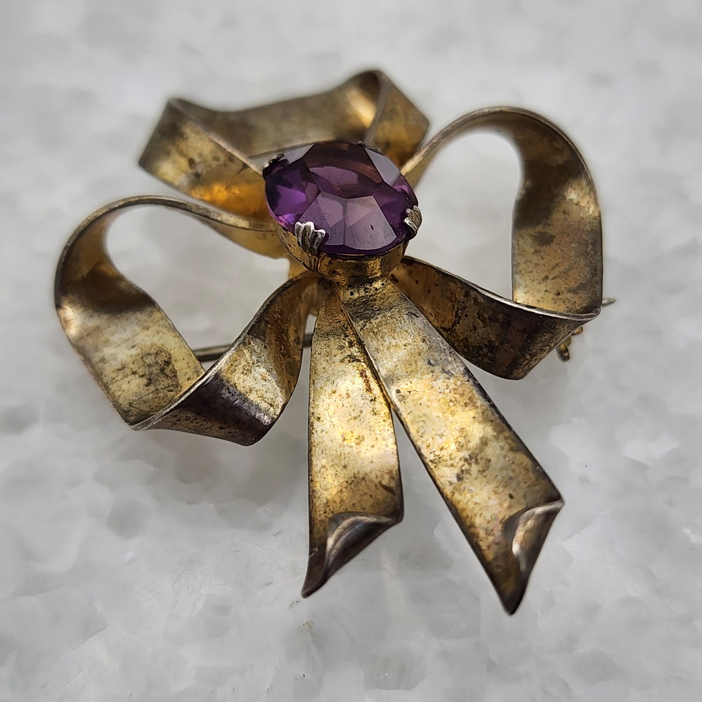 Vintage Sterling Silver Purple Rhinestone Bow Brooch