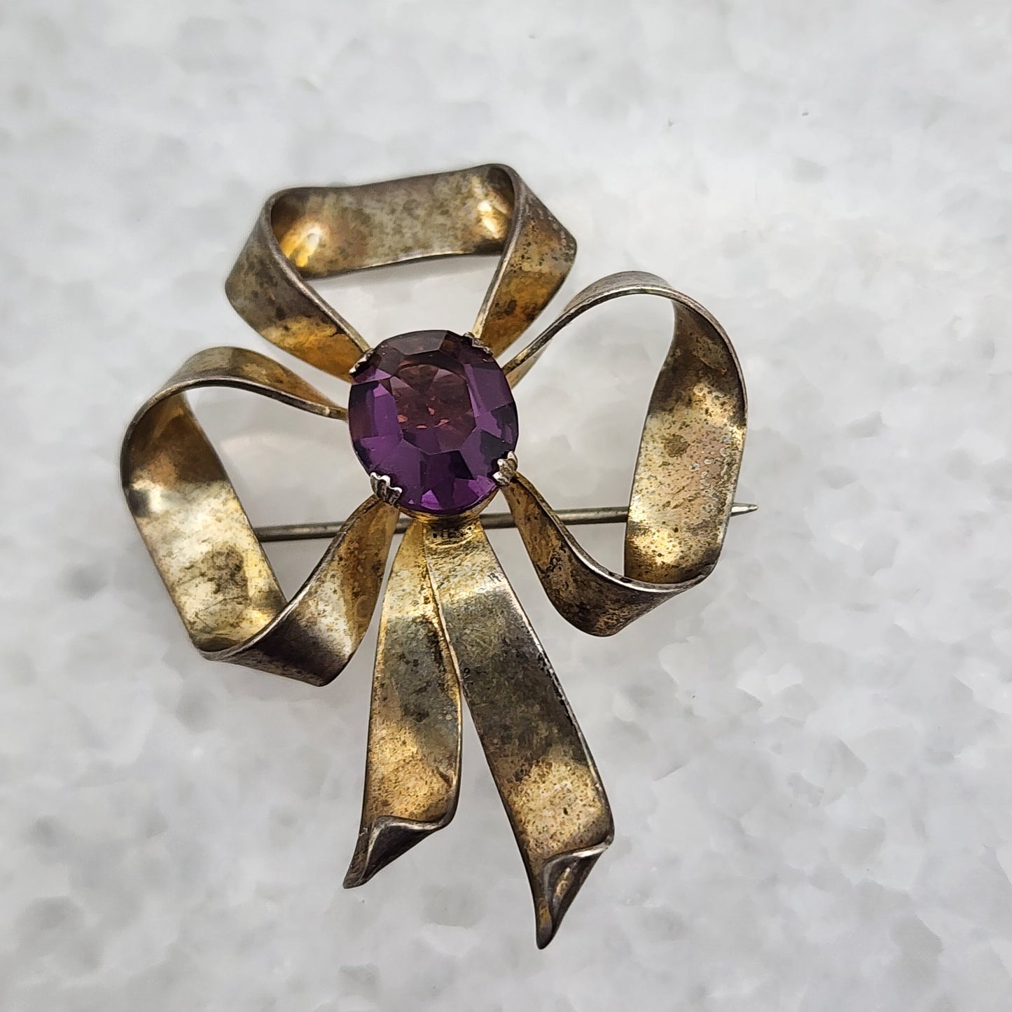 Vintage Sterling Silver Purple Rhinestone Bow Brooch