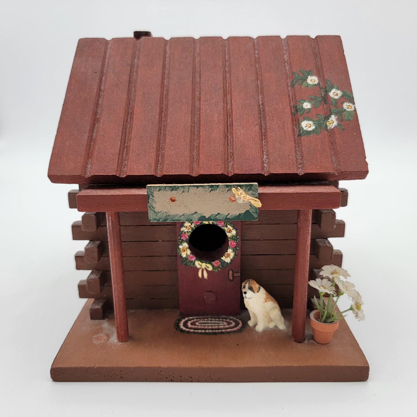 Log Cabin Birdhouse with St Bernard