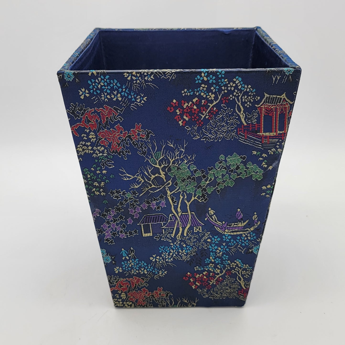 Chinoiserie Blue Silk Waste Bin