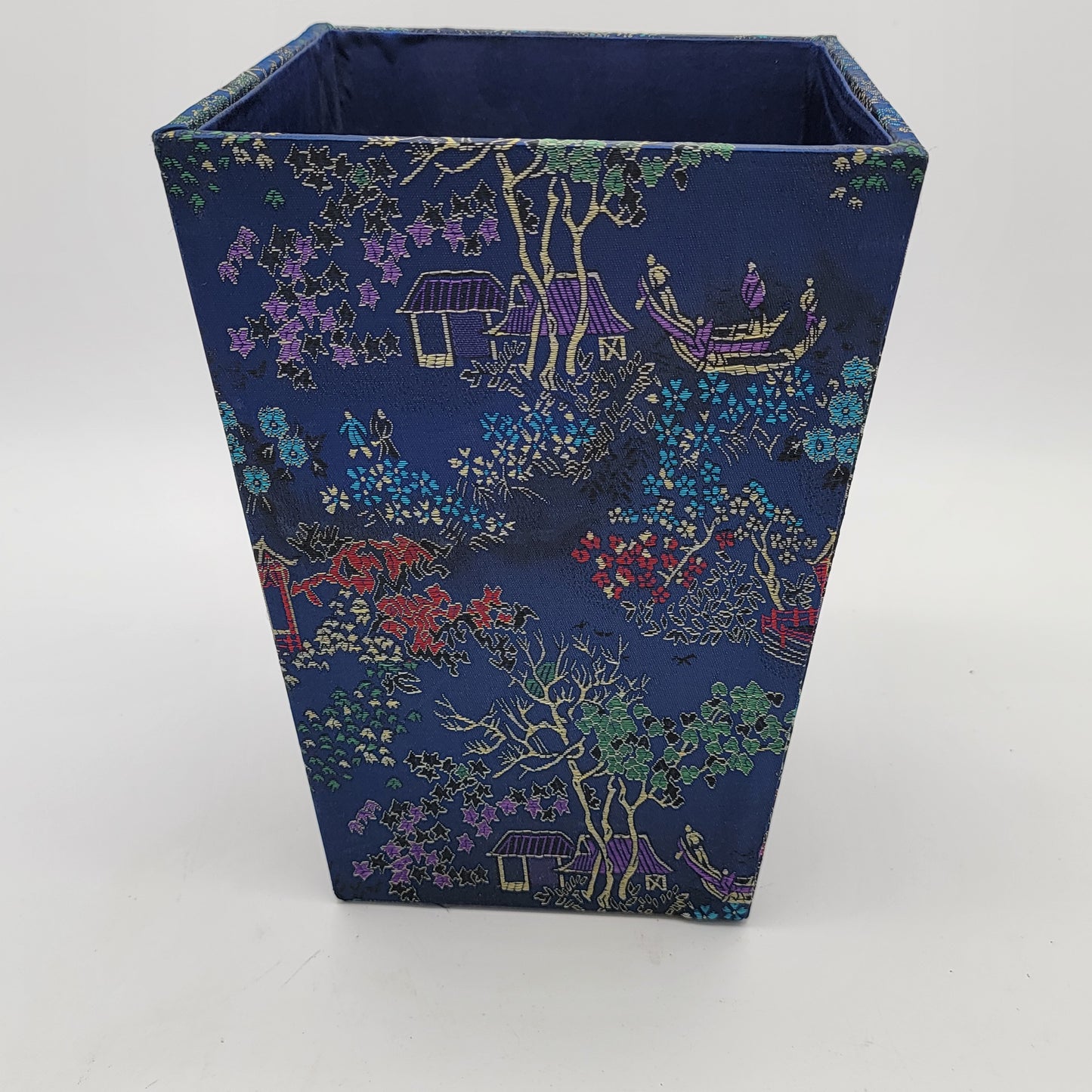 Chinoiserie Blue Silk Waste Bin