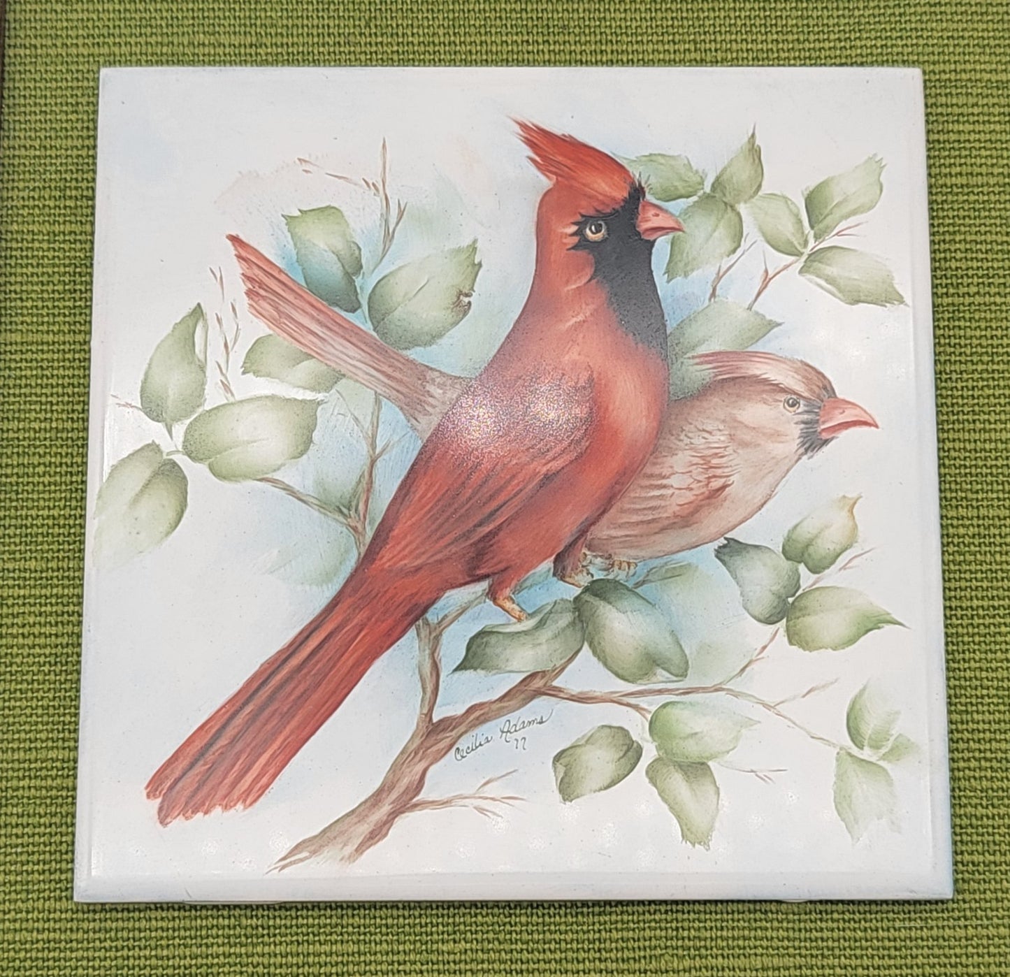 Vintage 1977 Hand Painted Cardinals Tile