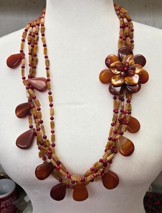 Tear Drop Carnelian Orange Quartz Multi Strand Flower Statement Necklace