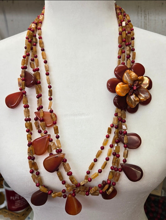 Tear Drop Carnelian Orange Quartz Multi Strand Flower Statement Necklace