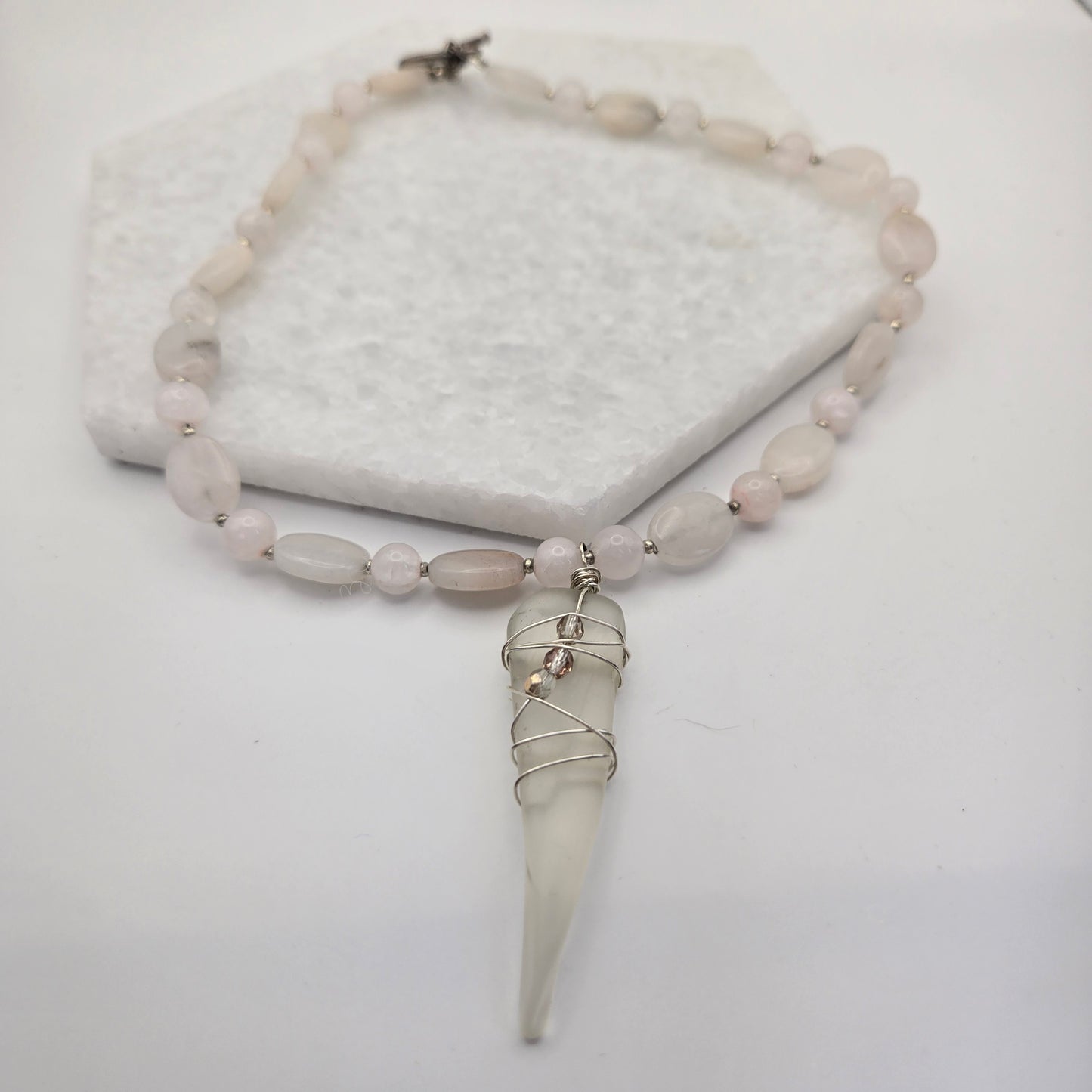 Beaded Rose Quartz Necklace with Wrapped Sea Glass Pendant