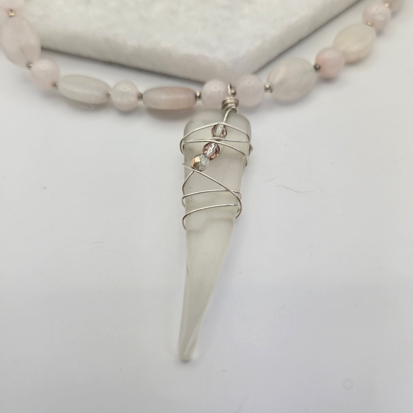 Beaded Rose Quartz Necklace with Wrapped Sea Glass Pendant