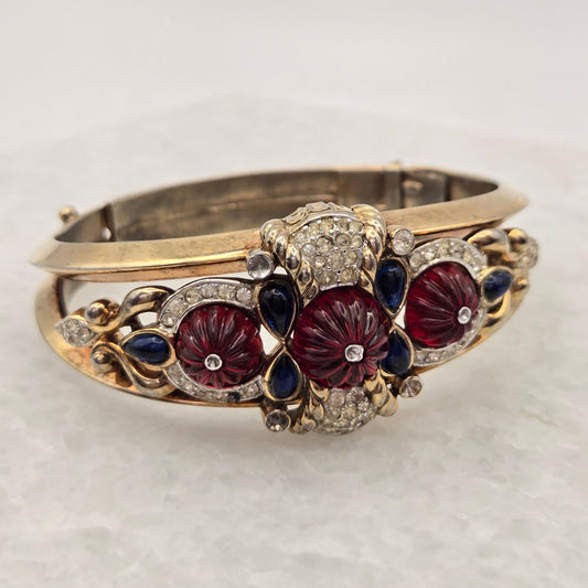 Alfred Phillipe Trifari Hinged Bracelet Red Rhinestones