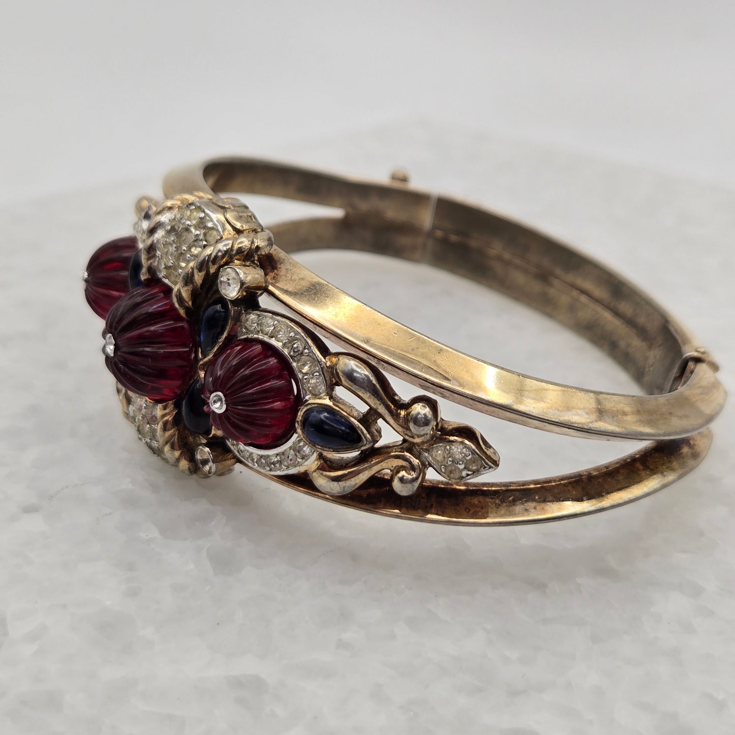 Alfred Phillipe Trifari Hinged Bracelet Red Rhinestones