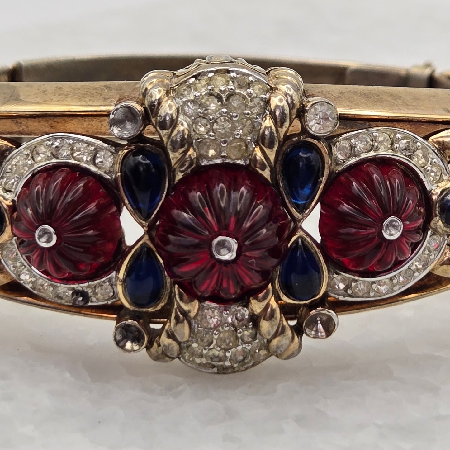 Alfred Phillipe Trifari Hinged Bracelet Red Rhinestones