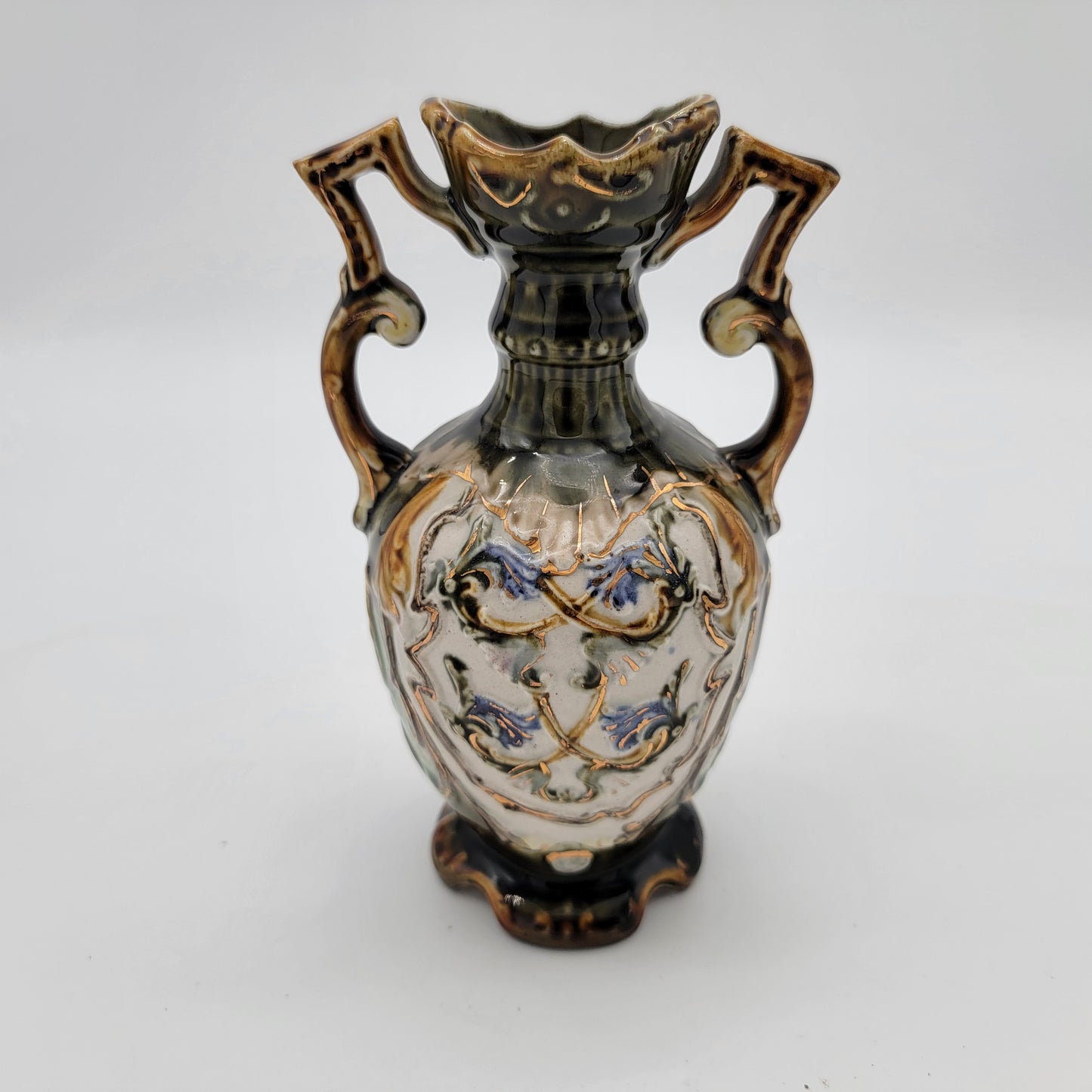 Antique Majolica Pottery Vase with Handles