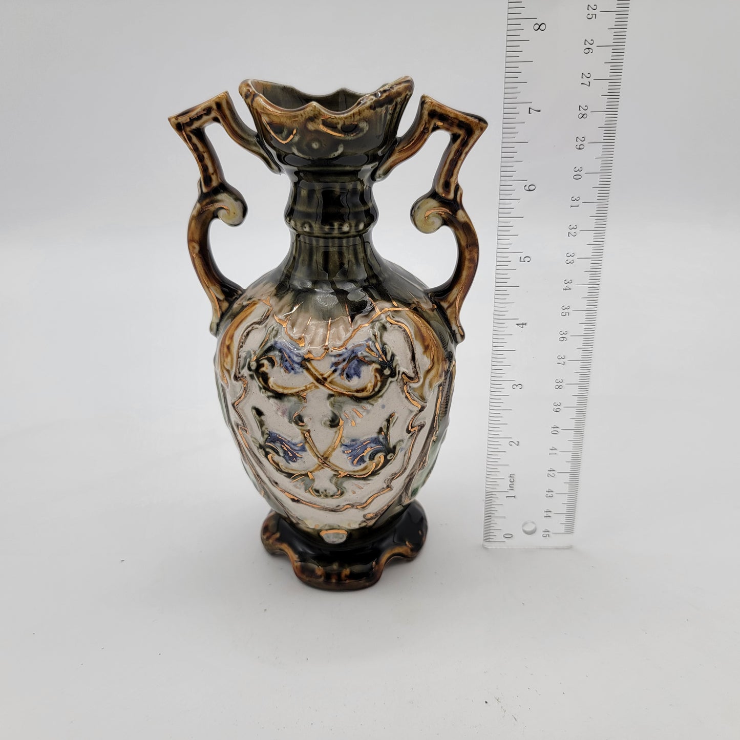 Antique Majolica Pottery Vase with Handles