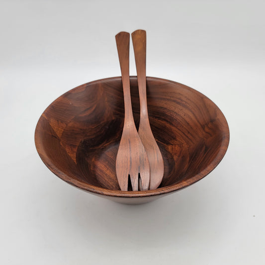 Burl Walnut Wood Salad Bowl with Utensils