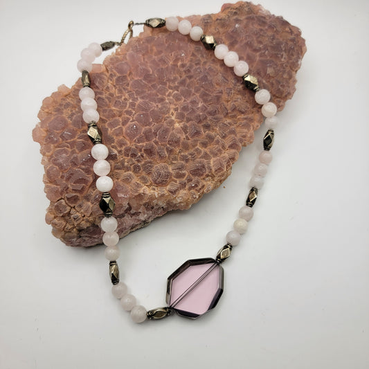 Rose Quartz and Glass Pendant Necklace