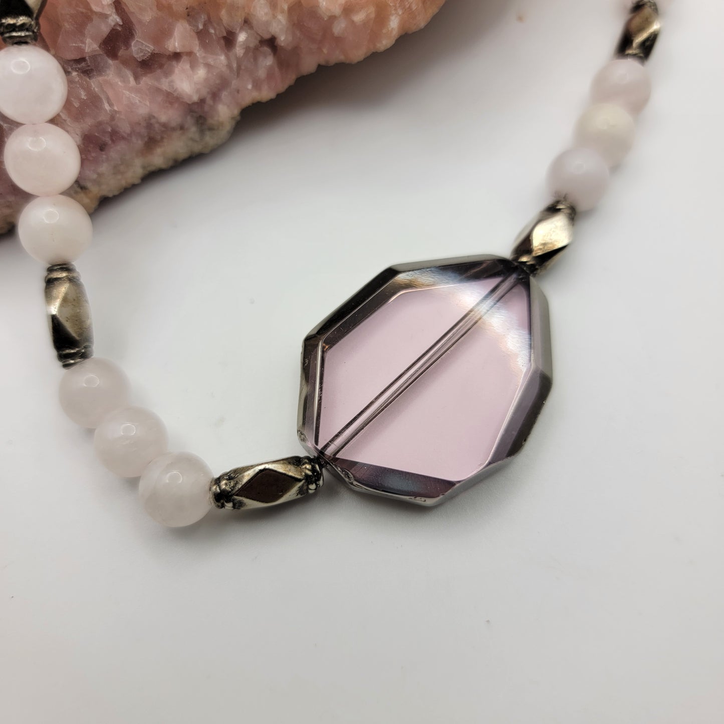 Rose Quartz and Glass Pendant Necklace