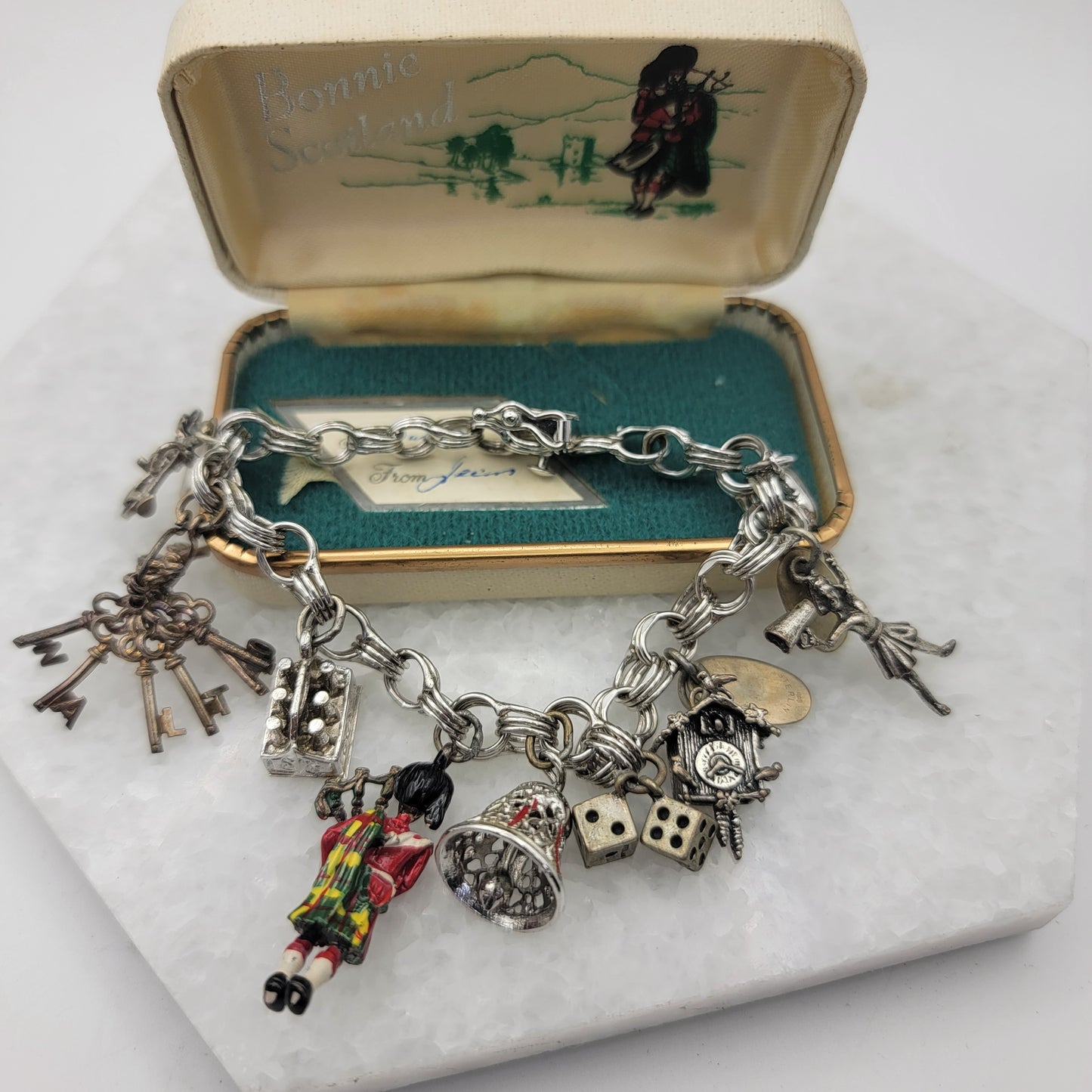 Sterling Charm Bracelet Travel Montana Scotland Bagpiper Crown